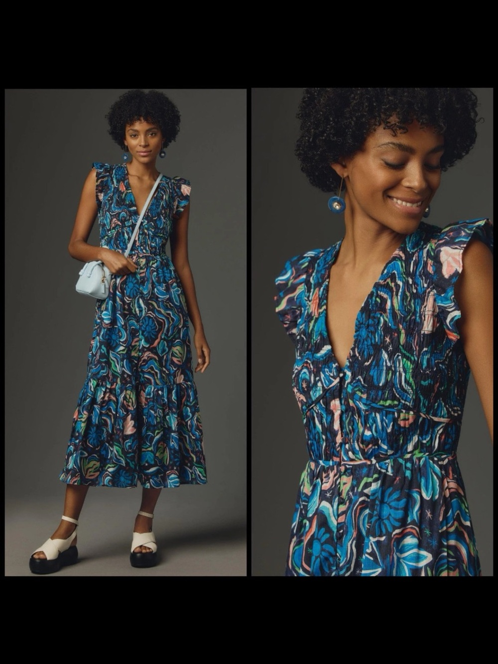 Anthropologie Peragrine midi dress Blue Floral Wrap-Style Midi Dress